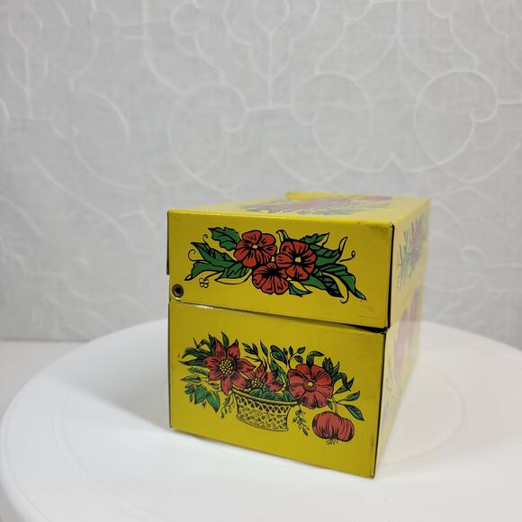 Vintage Syndicate Mfg Recipe Box Yellow Red Floral Metal Tin with Divider Cards - Picture 12 of 16